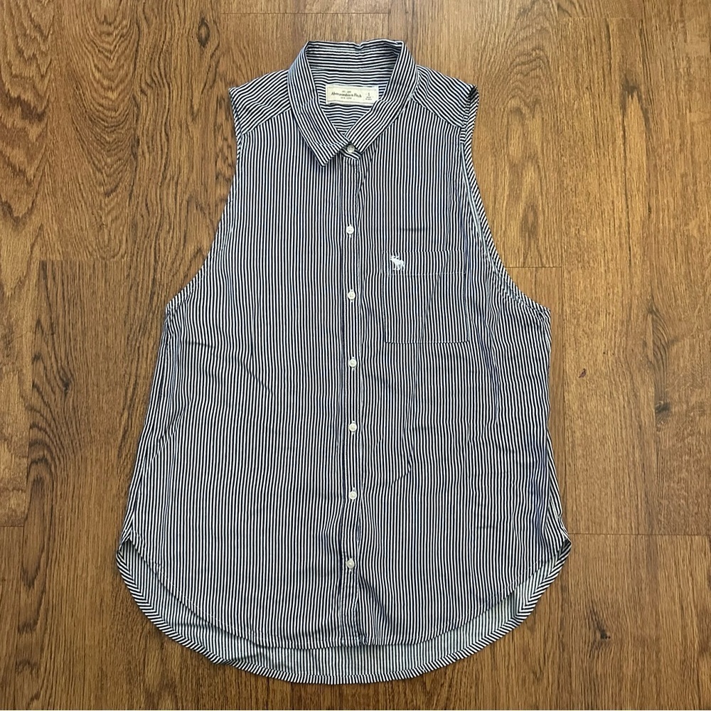 Abercrombie & Fitch blue Striped Sleeveless Shirt Y2K front buttons collared SM